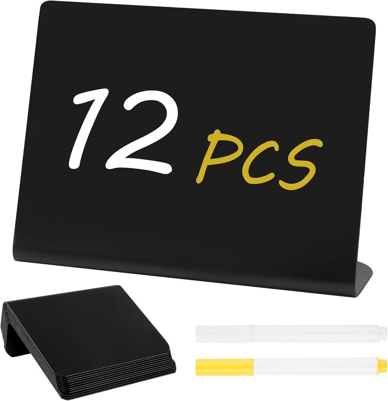 Mkobon 12 Pcs Mini Chalkboard Signs, 4"x3" Reusable PVC Food Labels for Party Buffet, Small Table Place Cards, Durable Chalk Board Signs for Tables, Birthday, Weddings, Bakery, Event Decoration (L Shape) - Image 1